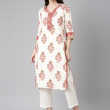 Neerus Cream Casual Floral Straight Kurtas