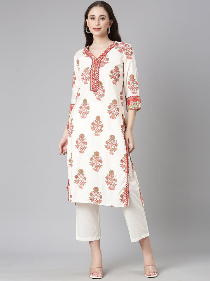 Neerus Cream Casual Floral Straight Kurtas