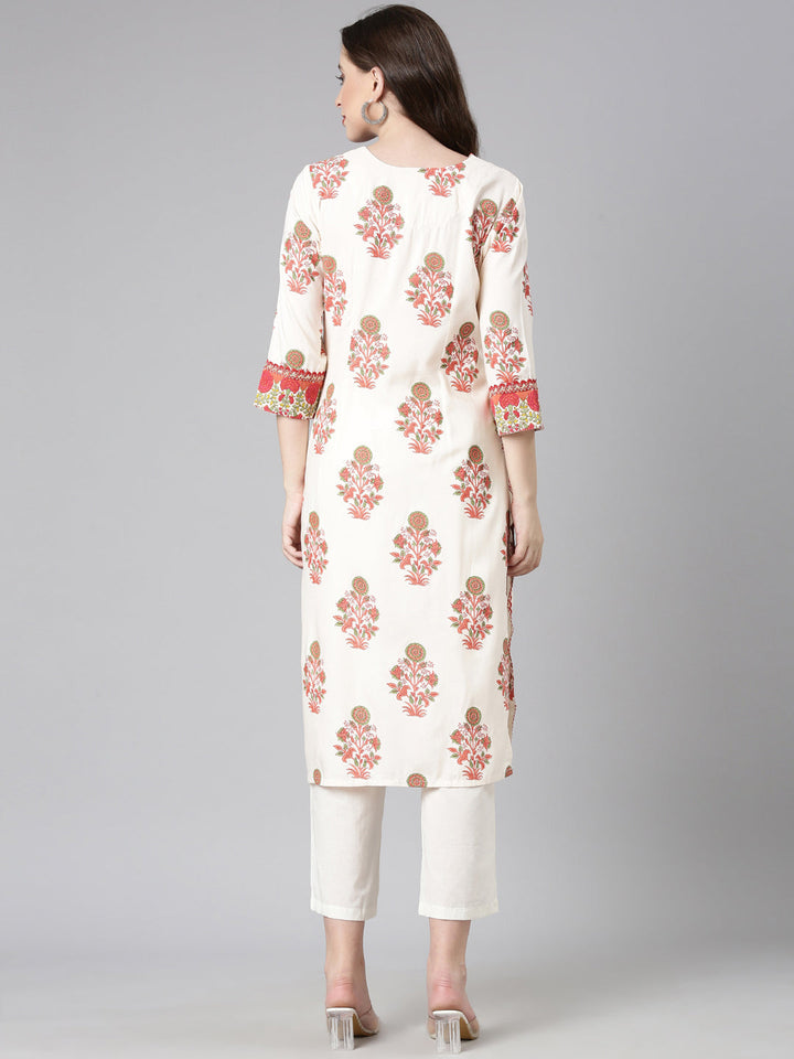 Neerus Cream Casual Floral Straight Kurtas