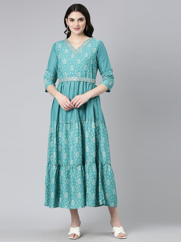 Neerus Sea Green Straight Casual Printed Dress