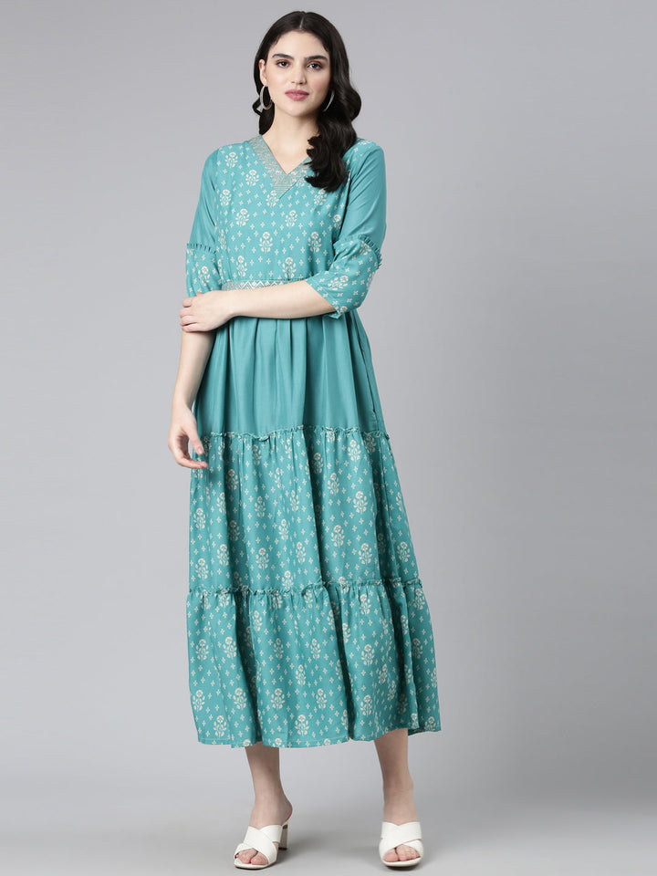 Neerus Sea Green Straight Casual Printed Dress