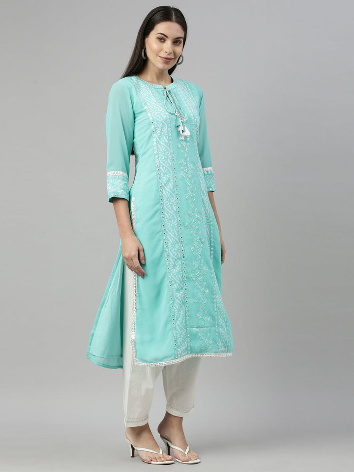 Neerus Green georgette embroidered kurta - back view