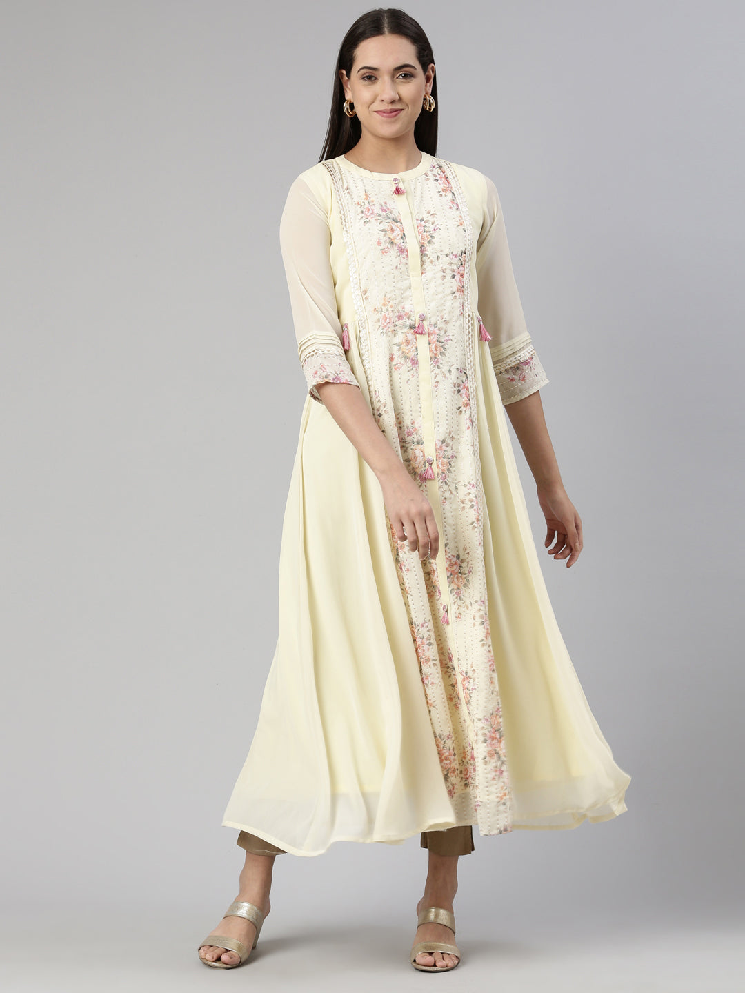 Neerus Beige georgette printed maxi dress - front view