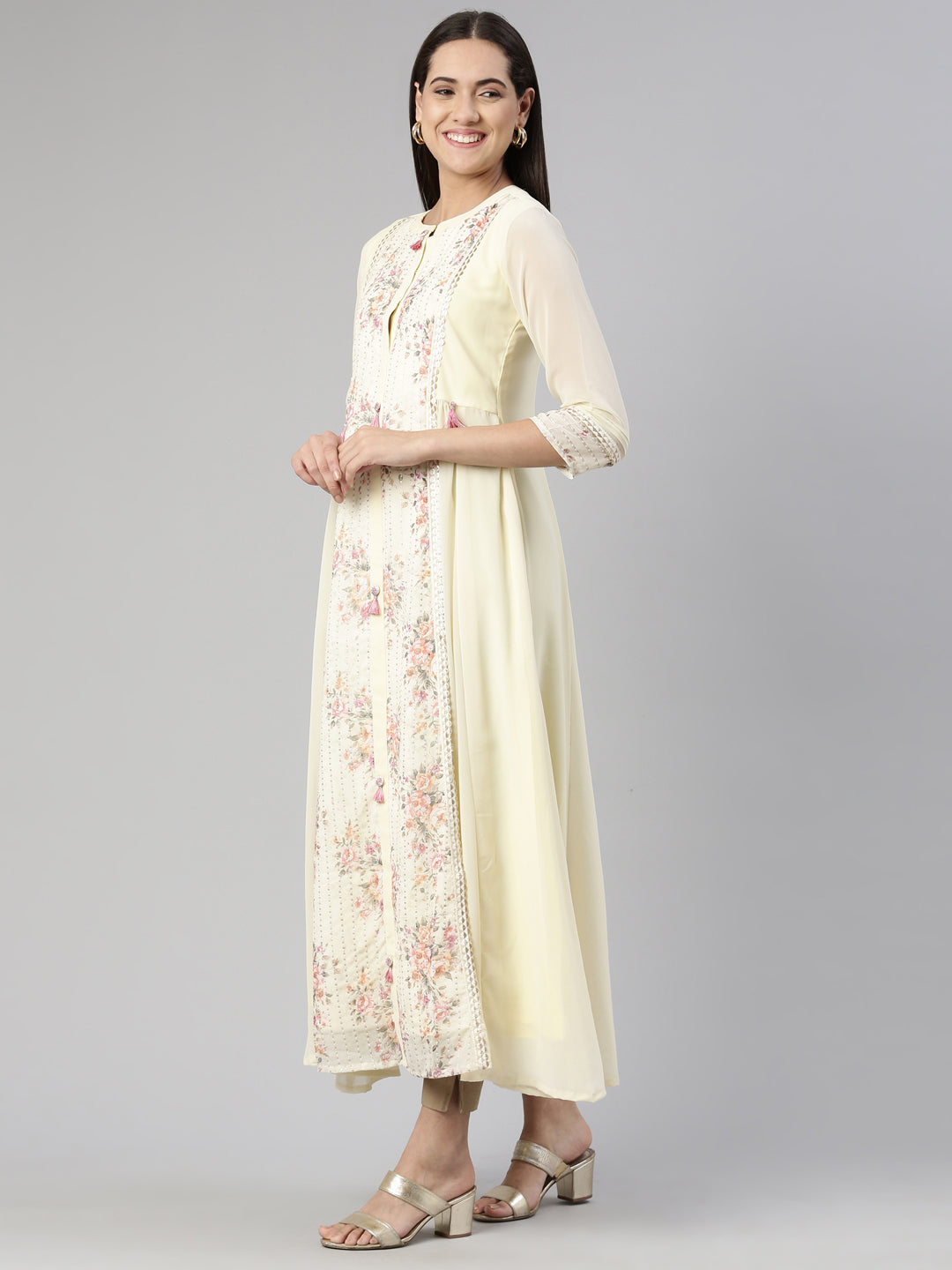Neerus Beige georgette printed maxi dress - back view
