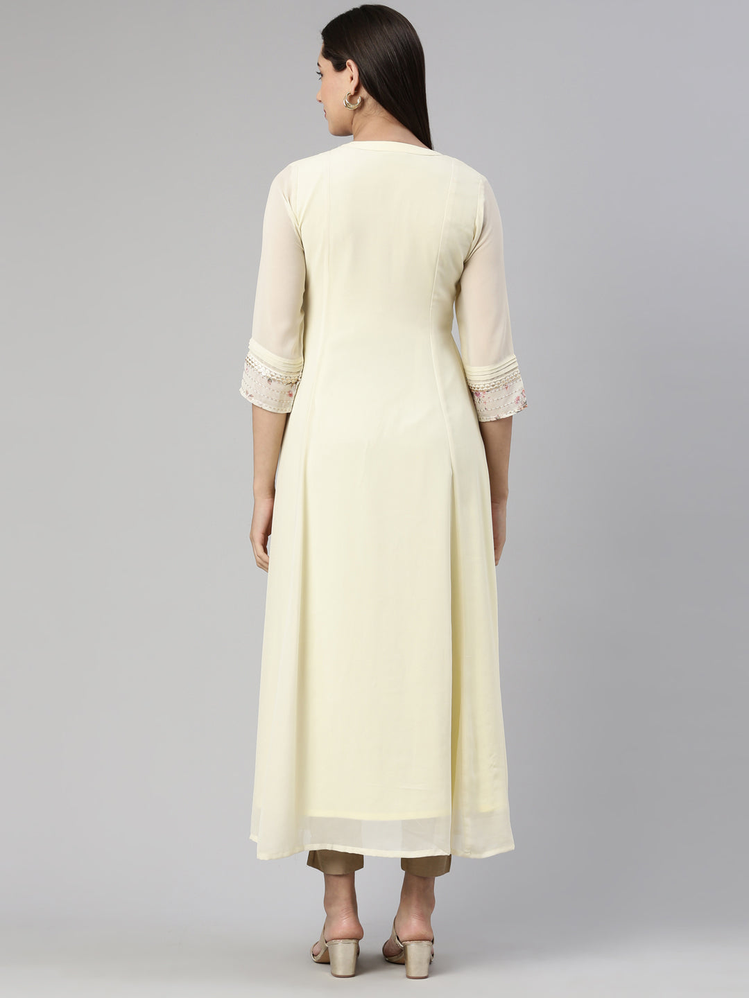 Neerus Beige georgette printed maxi dress - side view