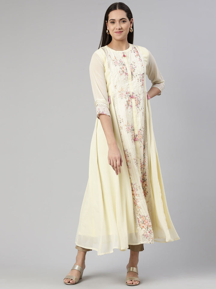 Neerus Beige georgette printed maxi dress - detail view 2