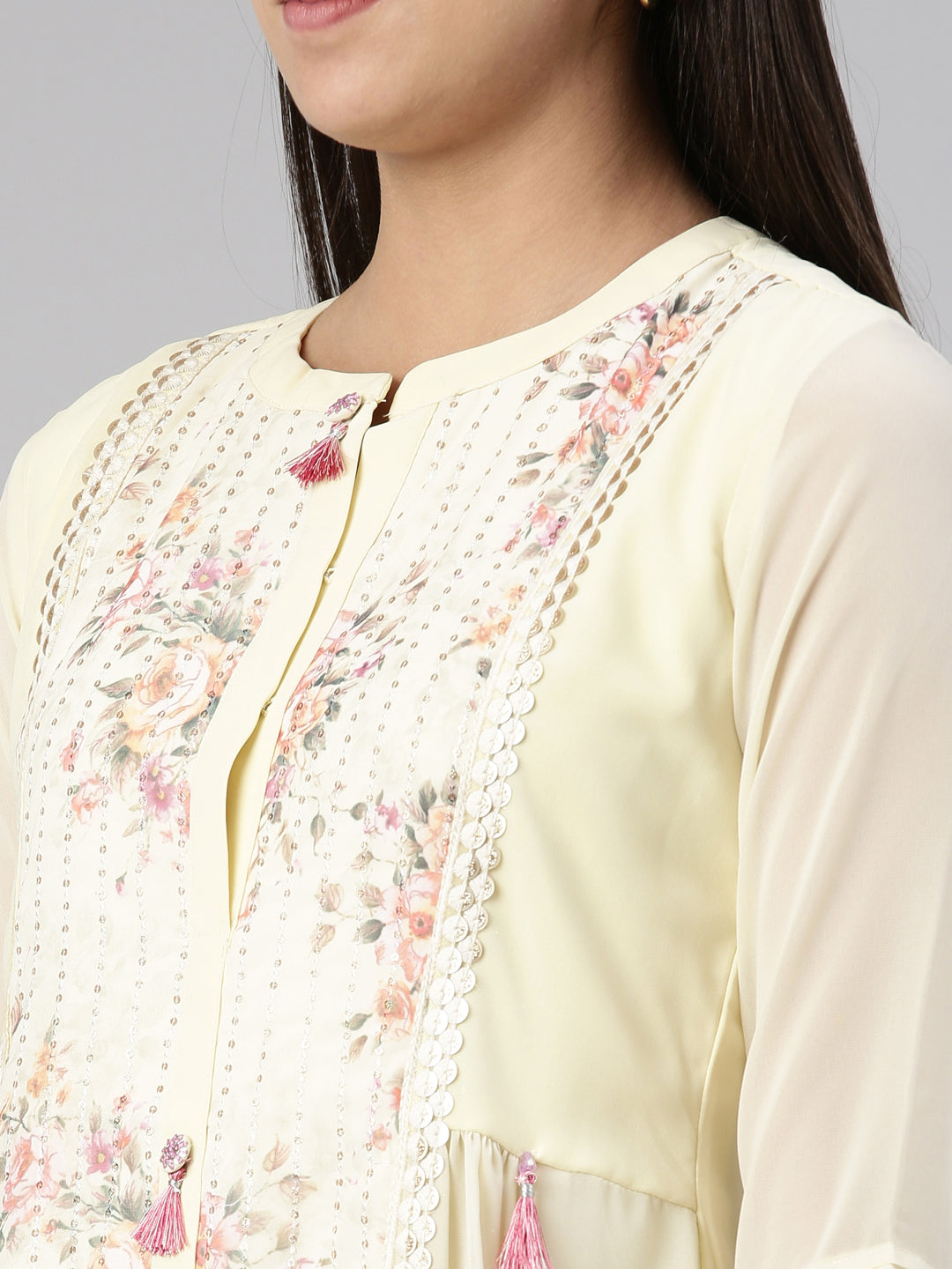 Neerus Beige georgette printed maxi dress - detail view 1