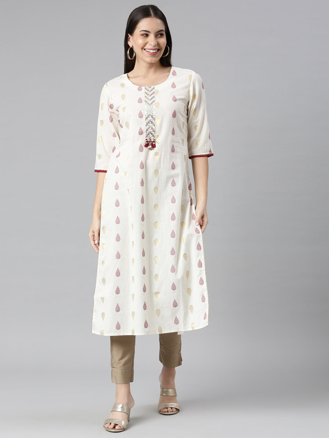 Neerus Beige Rayon Solid Kurti - front view