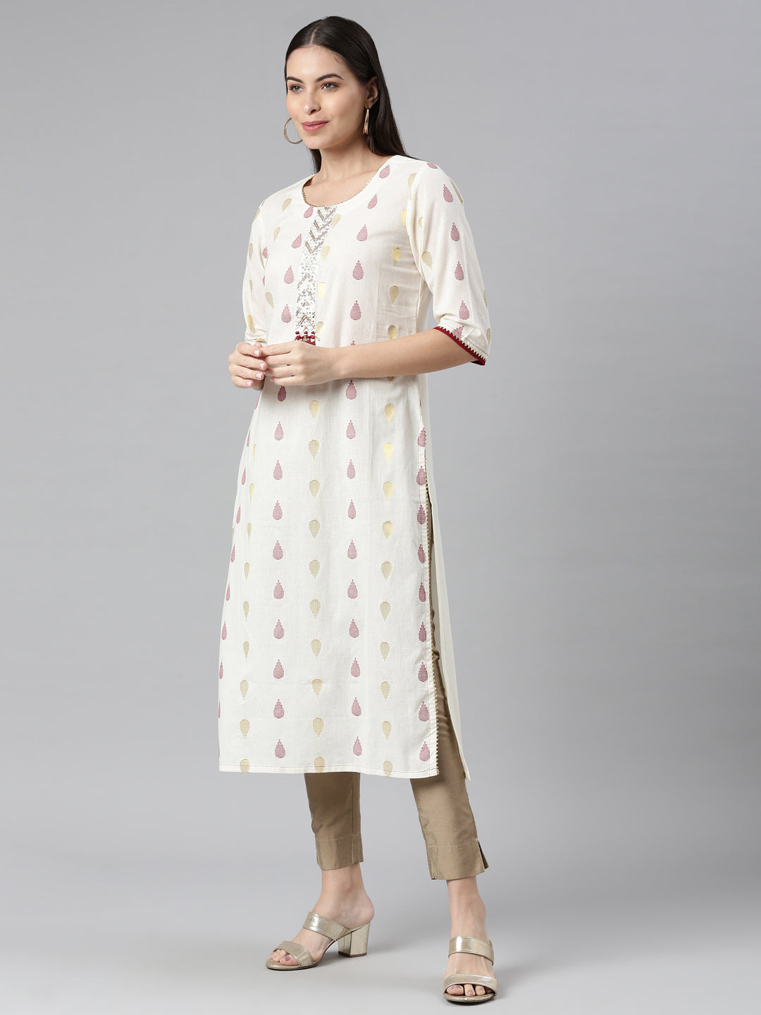 Neerus Beige Rayon Solid Kurti - back view