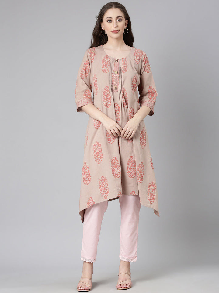 Neerus Beige Casual Floral A-Line Kurtas