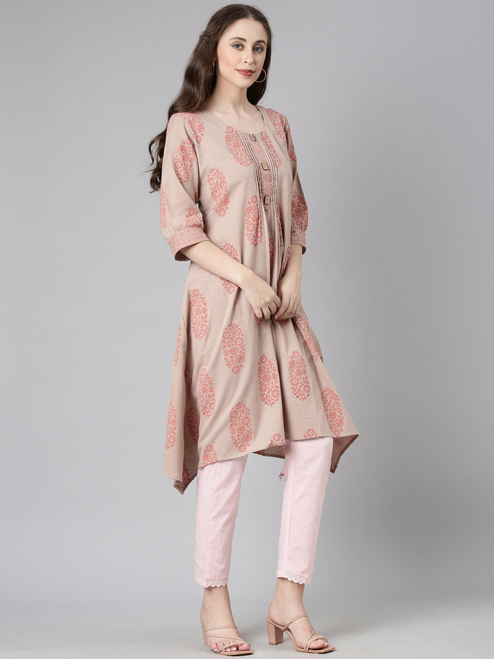 Neerus Beige Casual Floral A-Line Kurtas