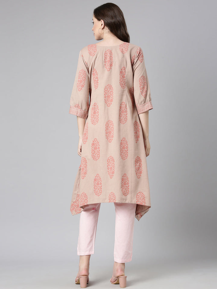 Neerus Beige Casual Floral A-Line Kurtas