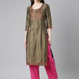 Neerus Olive Casual Solid Straight Kurtas