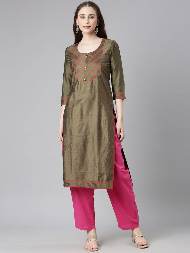 Neerus Olive Casual Solid Straight Kurtas