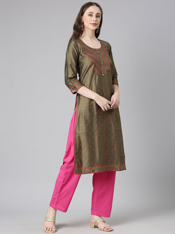 Neerus Olive Casual Solid Straight Kurtas
