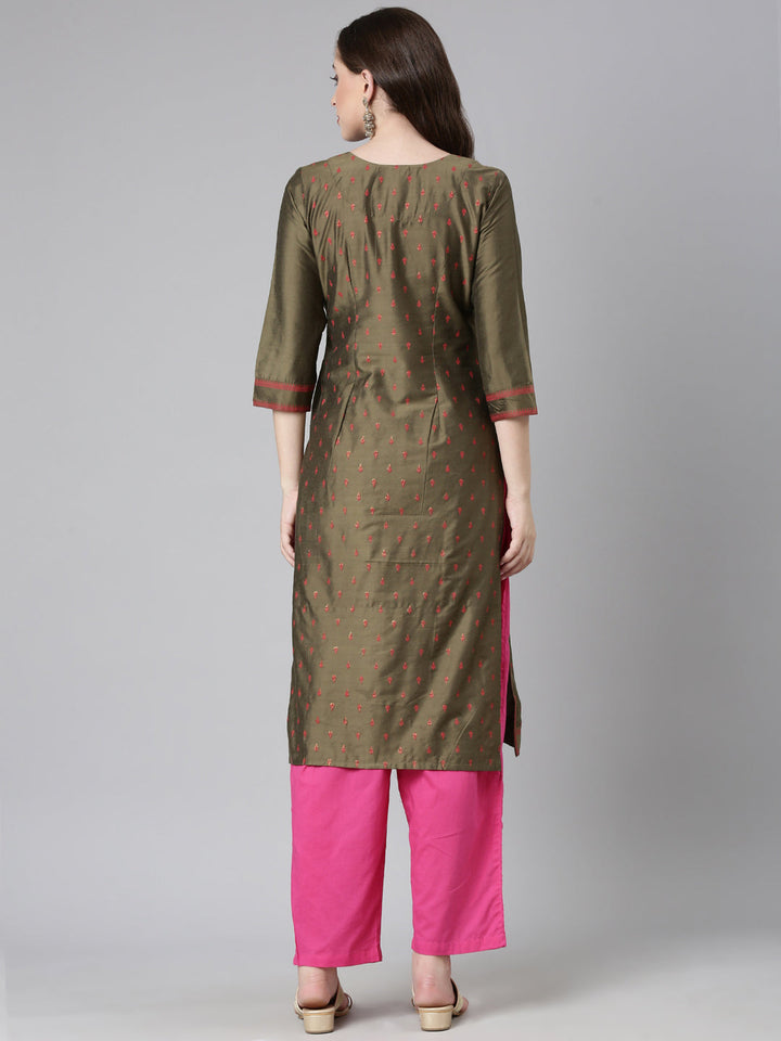 Neerus Olive Casual Solid Straight Kurtas