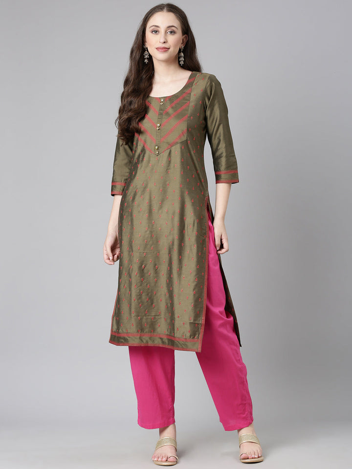 Neerus Olive Casual Solid Straight Kurtas