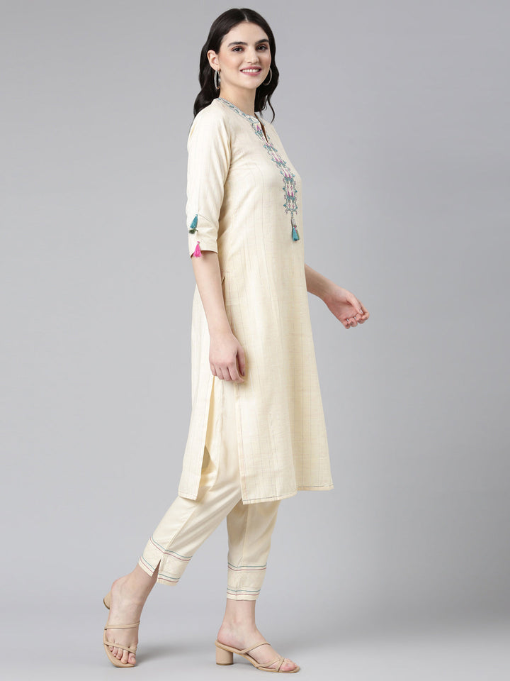 Neerus Beige rayon solid kurta set - back view