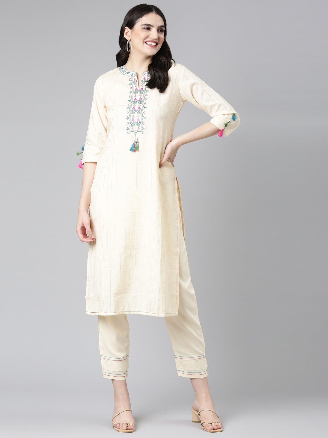 Neerus Beige rayon solid kurta set - detail view 2