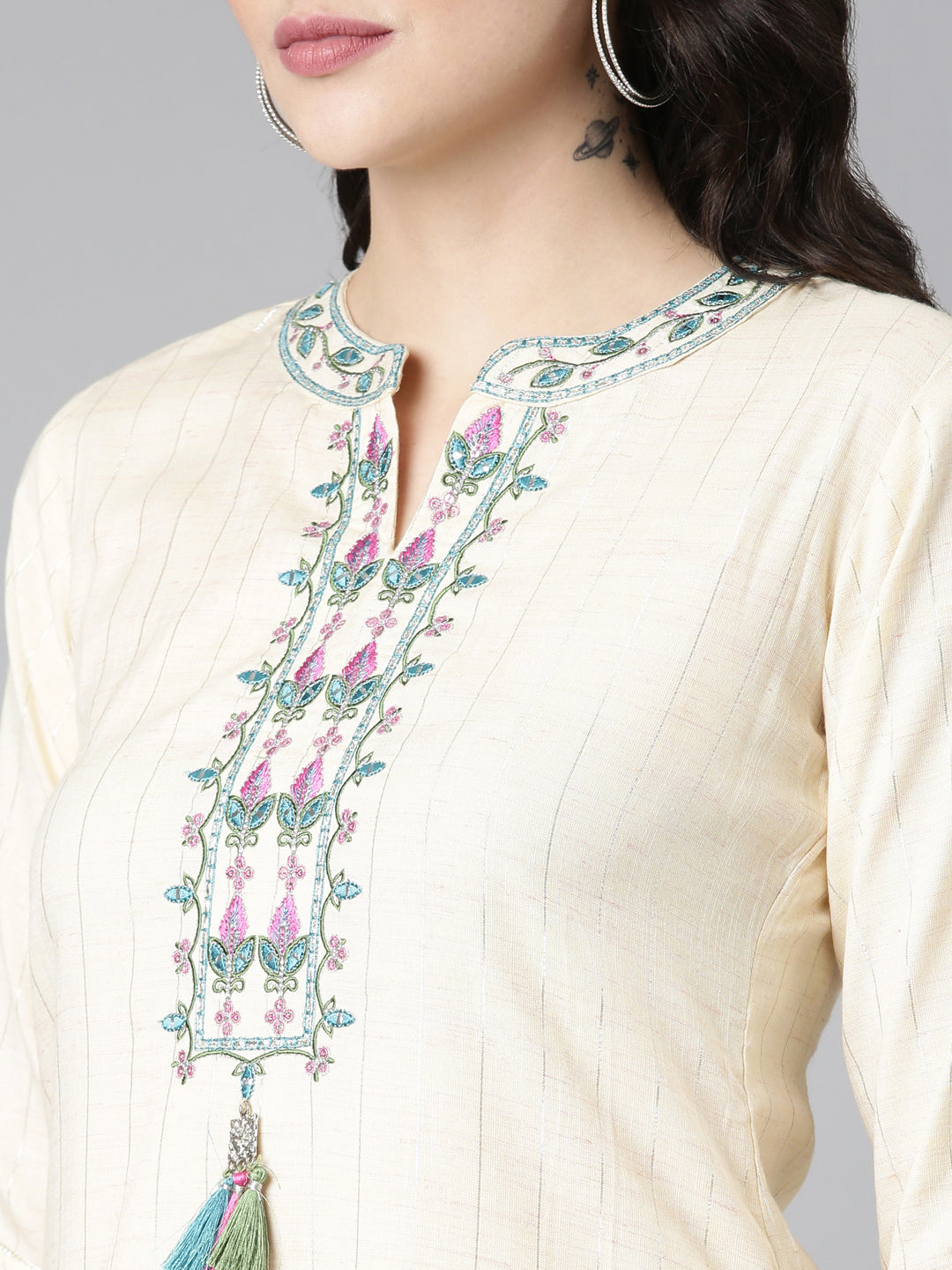 Neerus Beige rayon solid kurta set - detail view 1