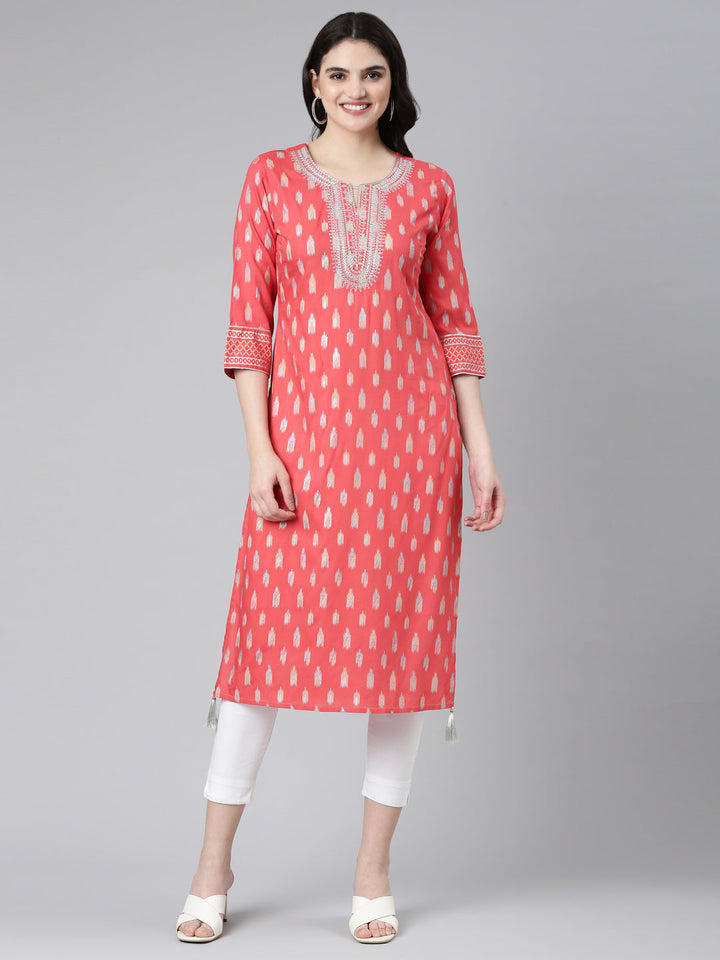 Neerus Red printed straight kurti - front view