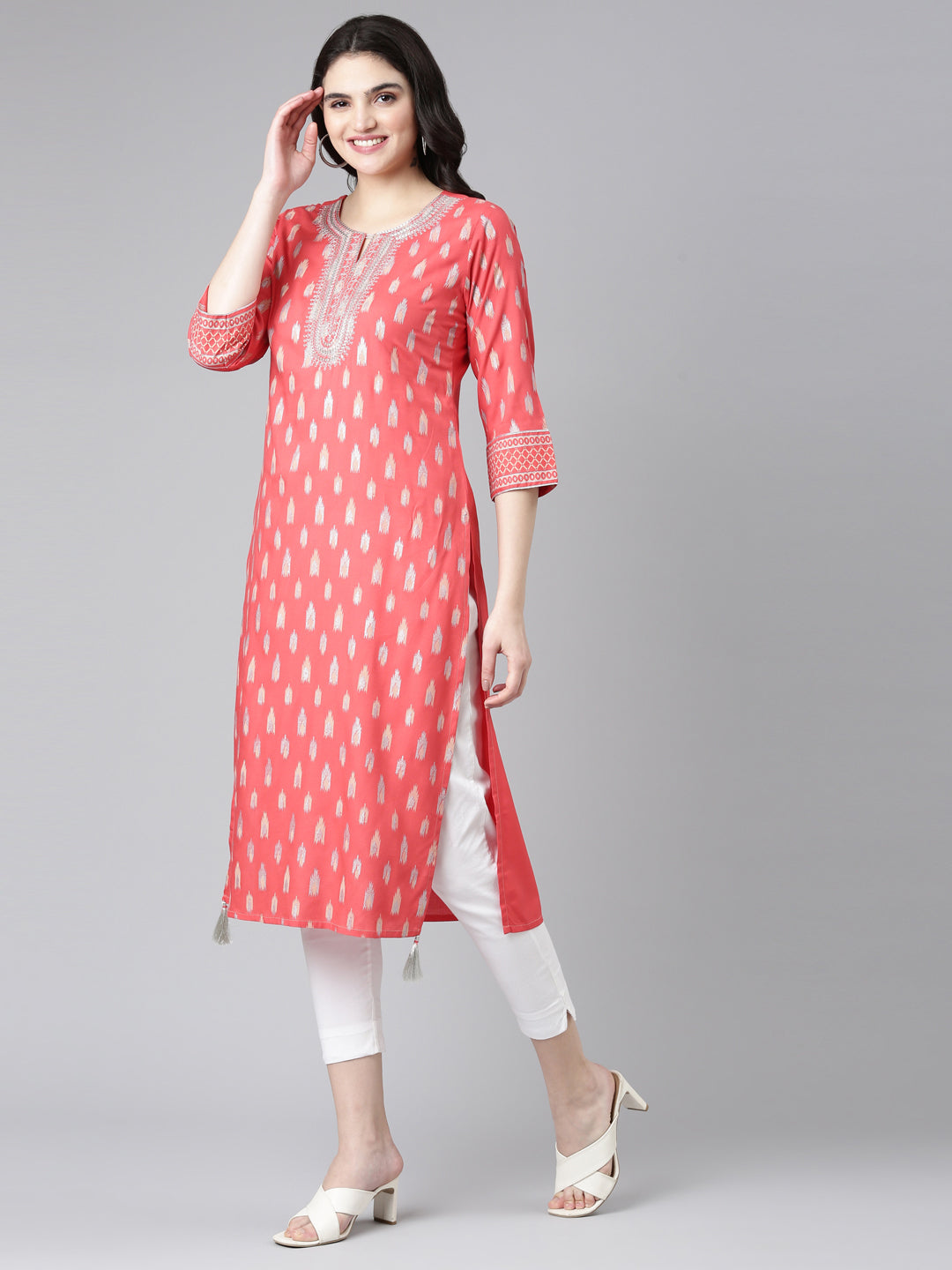 Neerus Red printed straight kurti - back view