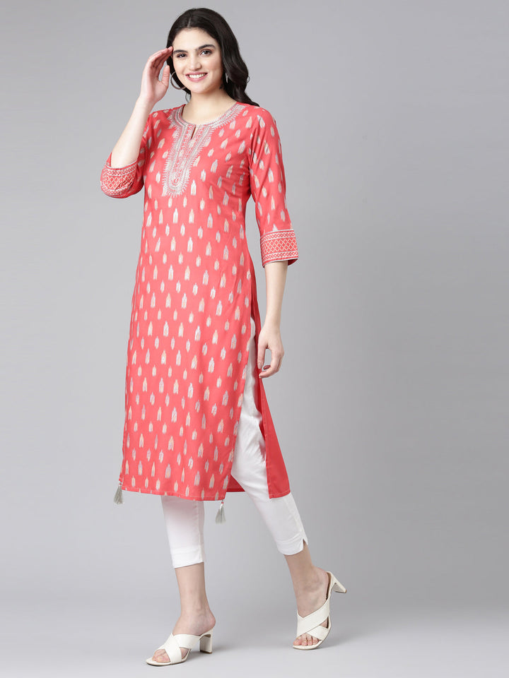 Neerus Red printed straight kurti - back view