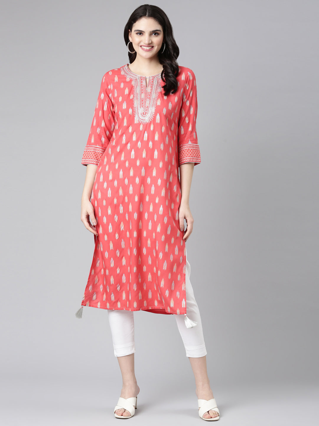 Neerus Red printed straight kurti - detail view 2