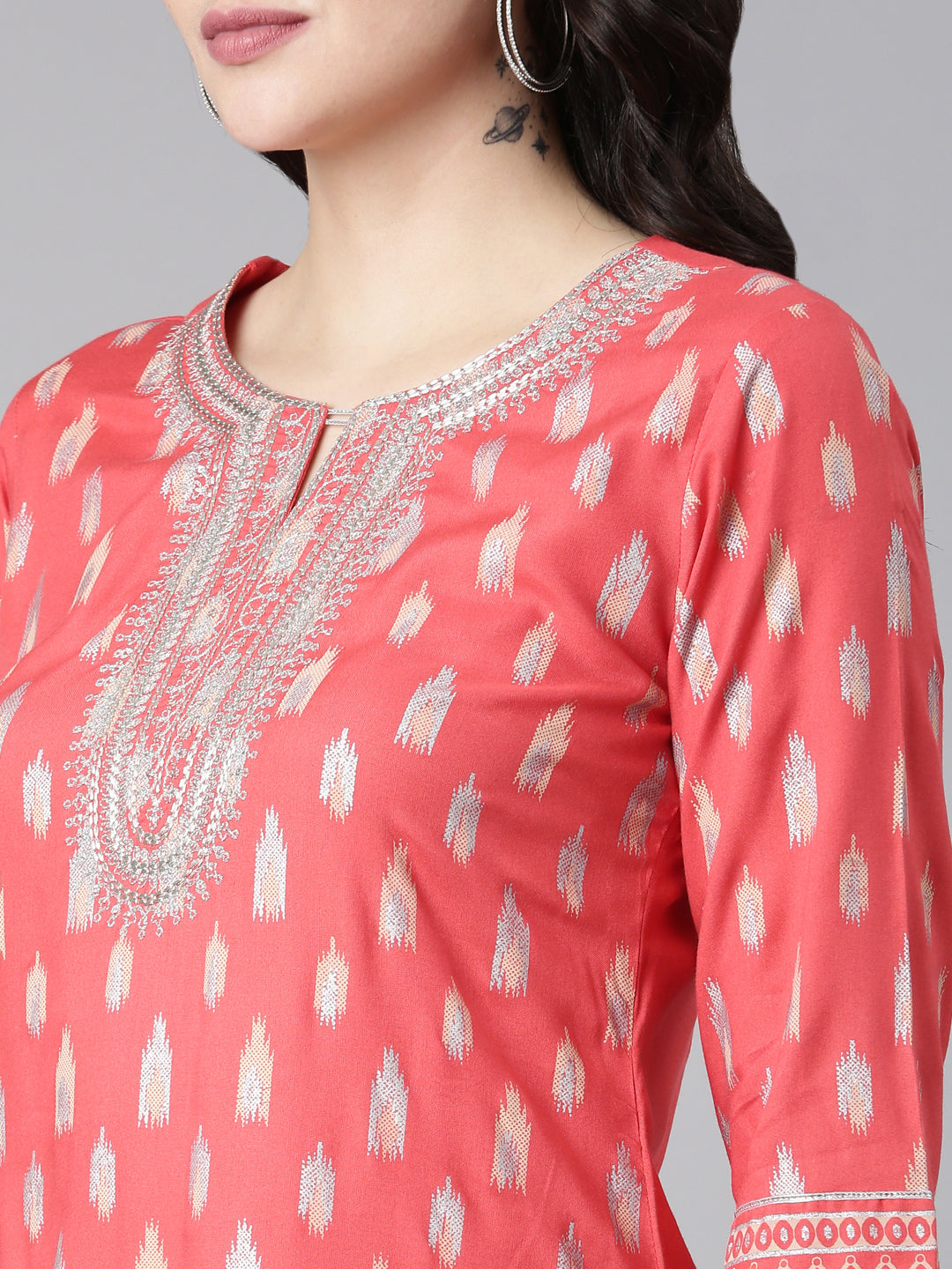 Neerus Red printed straight kurti - detail view 1
