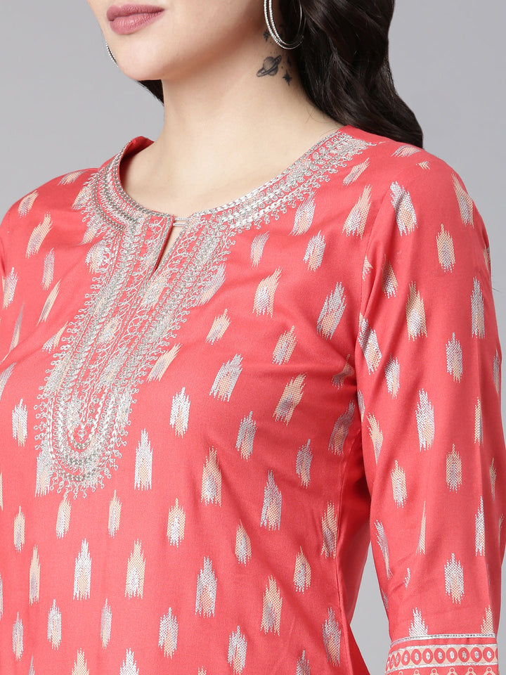 Neerus Red printed straight kurti - detail view 1