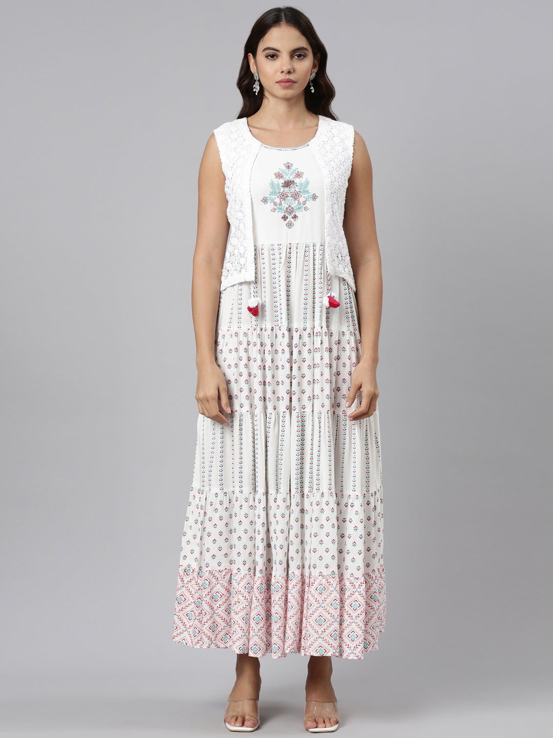 Neerus White rayon printed maxi dress - front view
