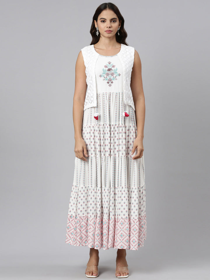 Neerus White rayon printed maxi dress - front view