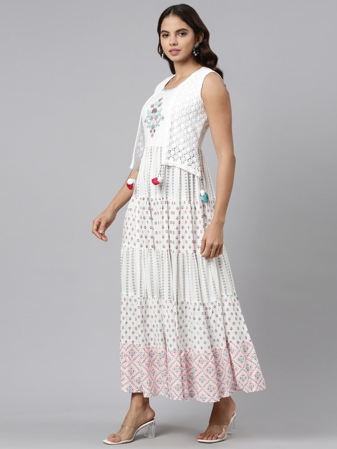 Neerus White rayon printed maxi dress - back view