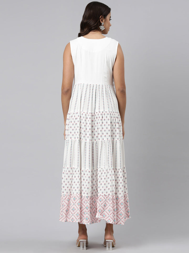 Neerus White rayon printed maxi dress - side view