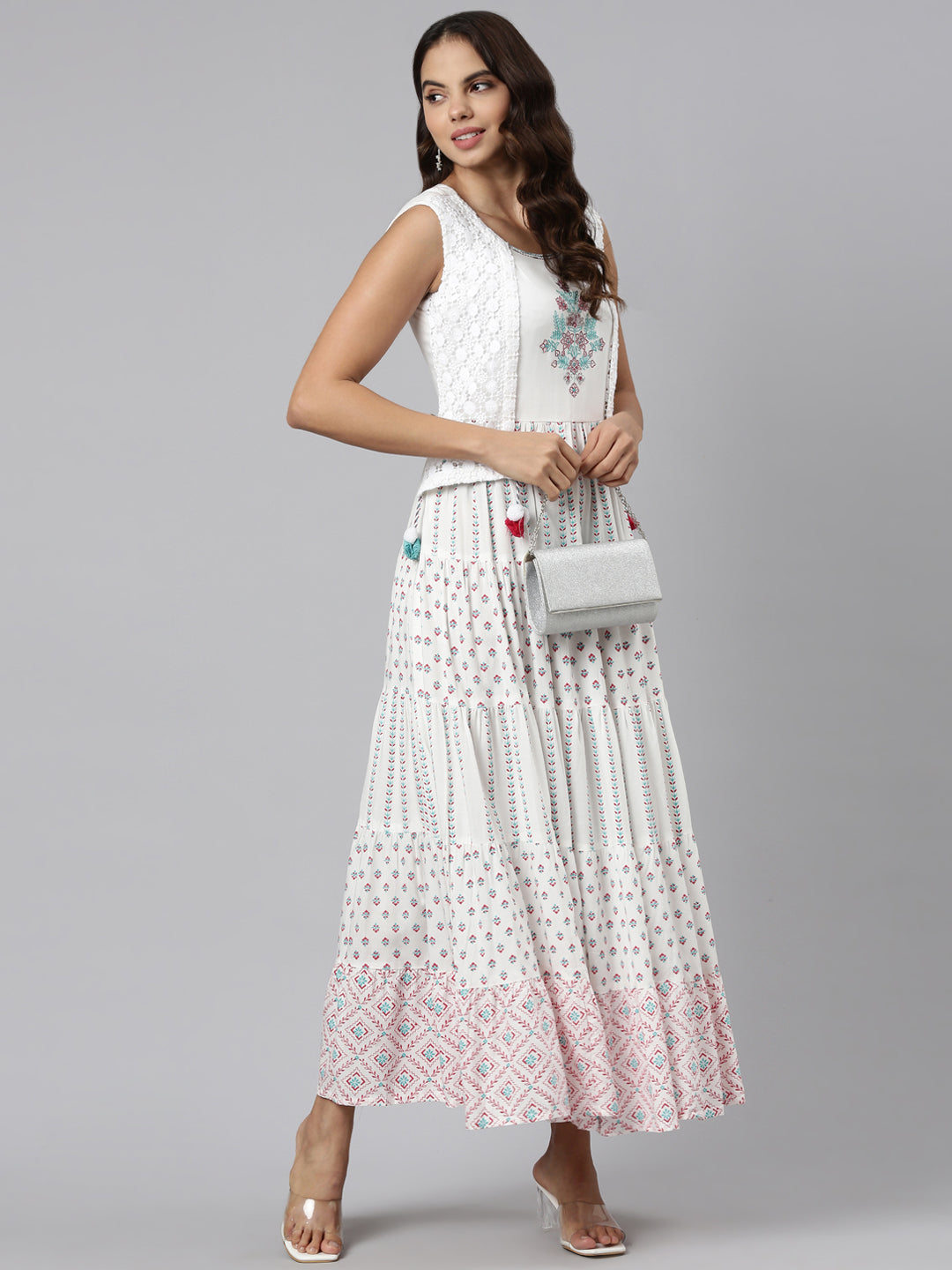 Neerus White rayon printed maxi dress - detail view 2