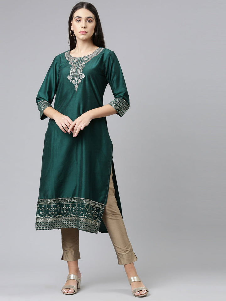Neerus Green muslin printed kurti - front view