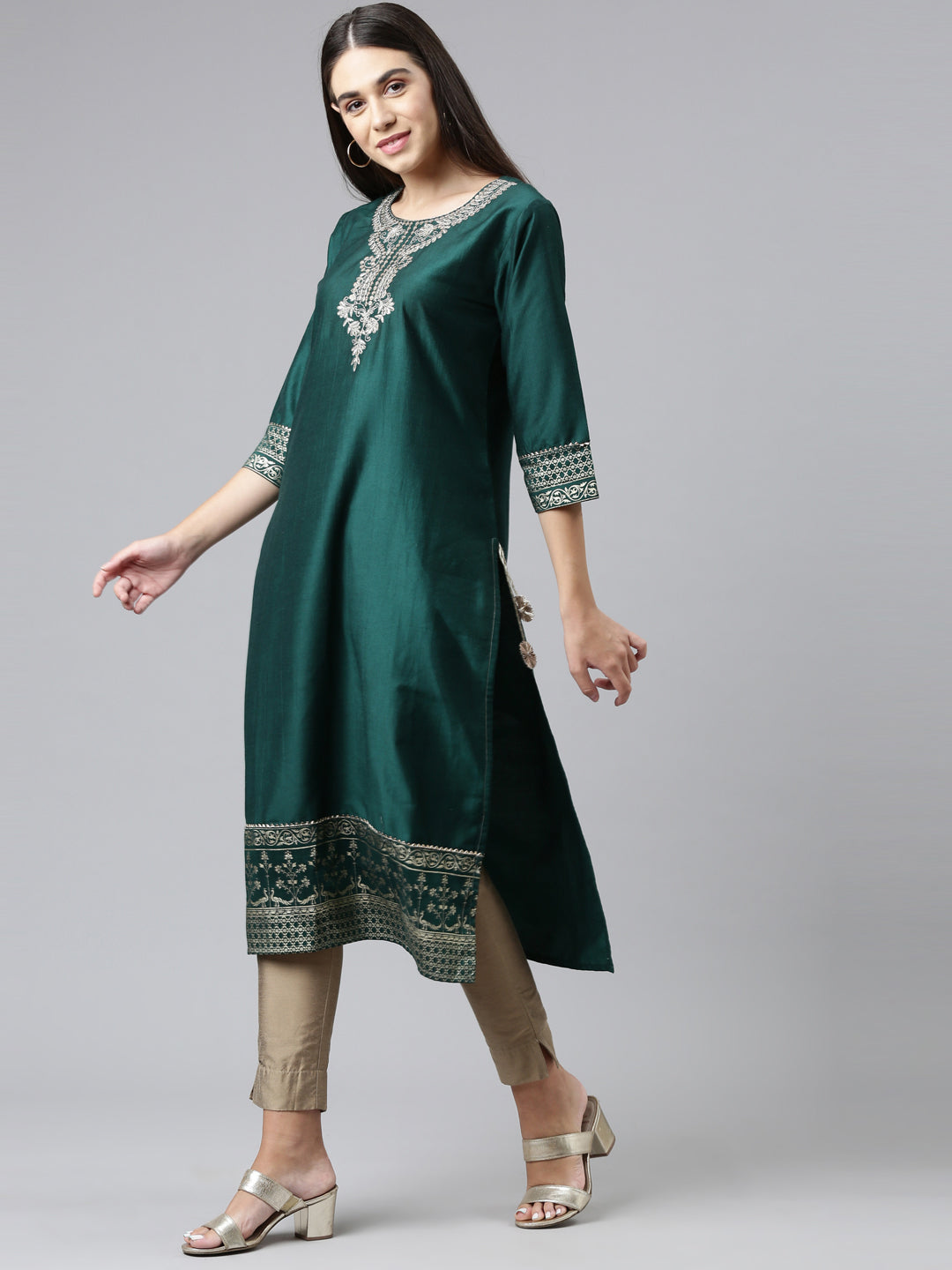 Neerus Green muslin printed kurti - back view