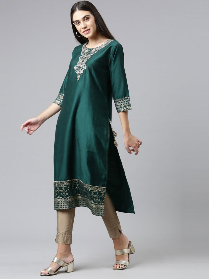 Neerus Green muslin printed kurti - back view