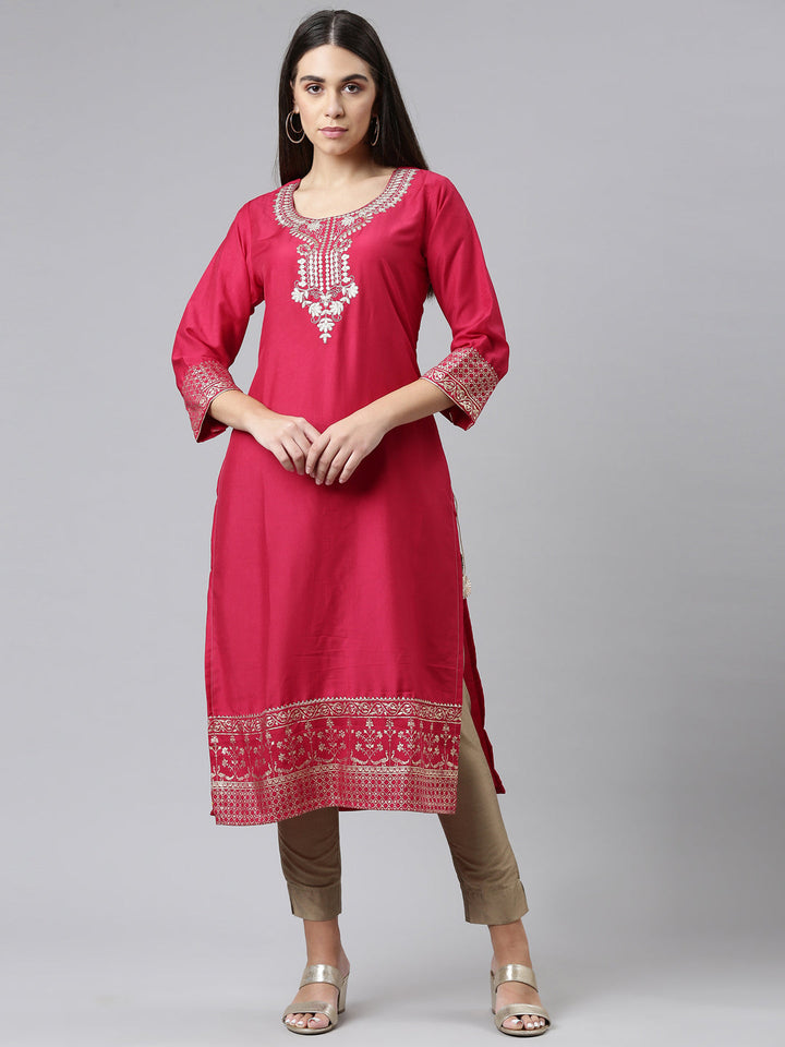 Neerus Pink muslin embroidered straight kurti - front view