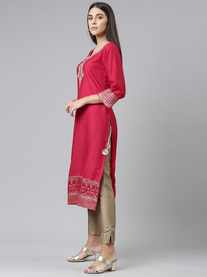 Neerus Pink muslin embroidered straight kurti - back view
