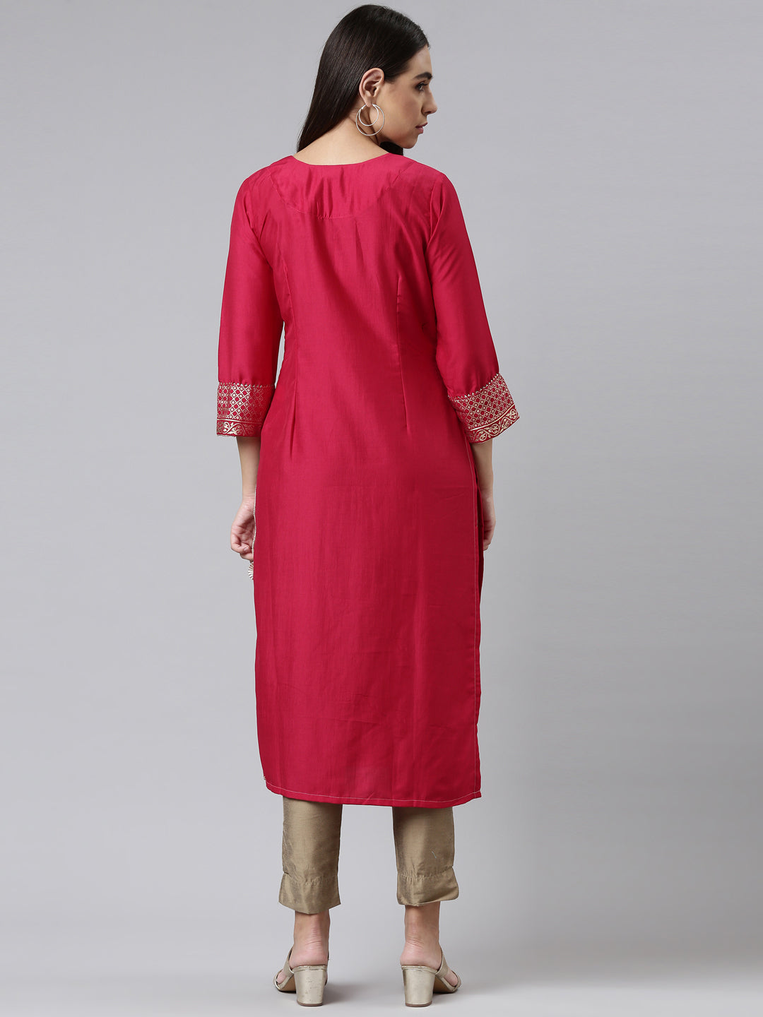 Neerus Pink muslin embroidered straight kurti - side view