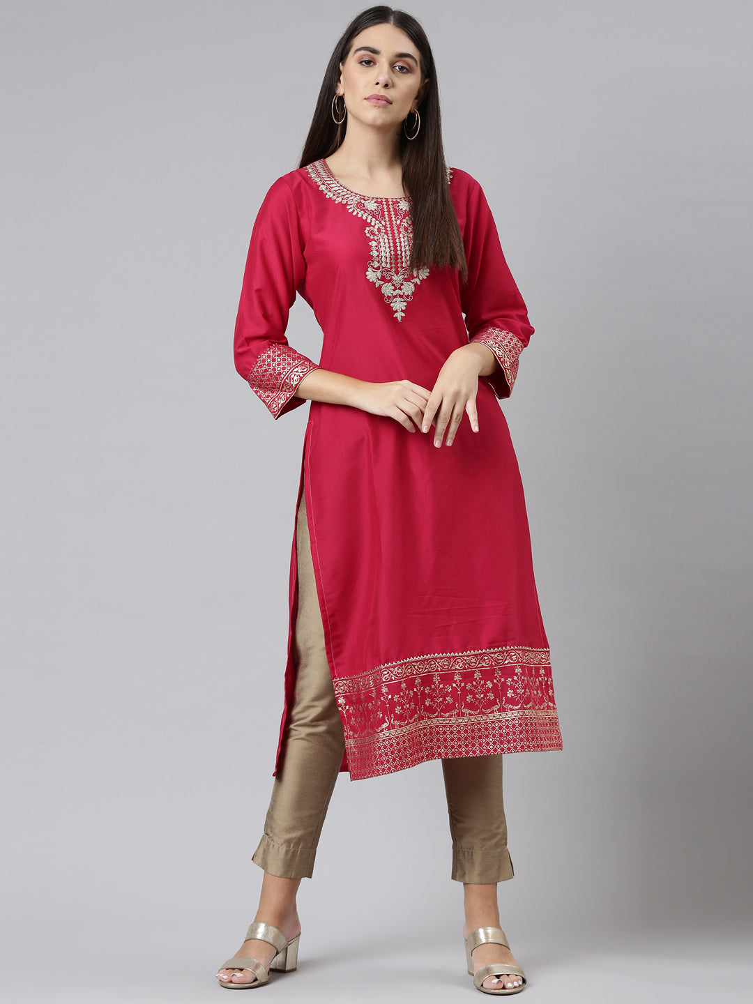 Neerus Pink muslin embroidered straight kurti - detail view 2