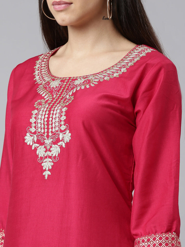 Neerus Pink muslin embroidered straight kurti - detail view 1