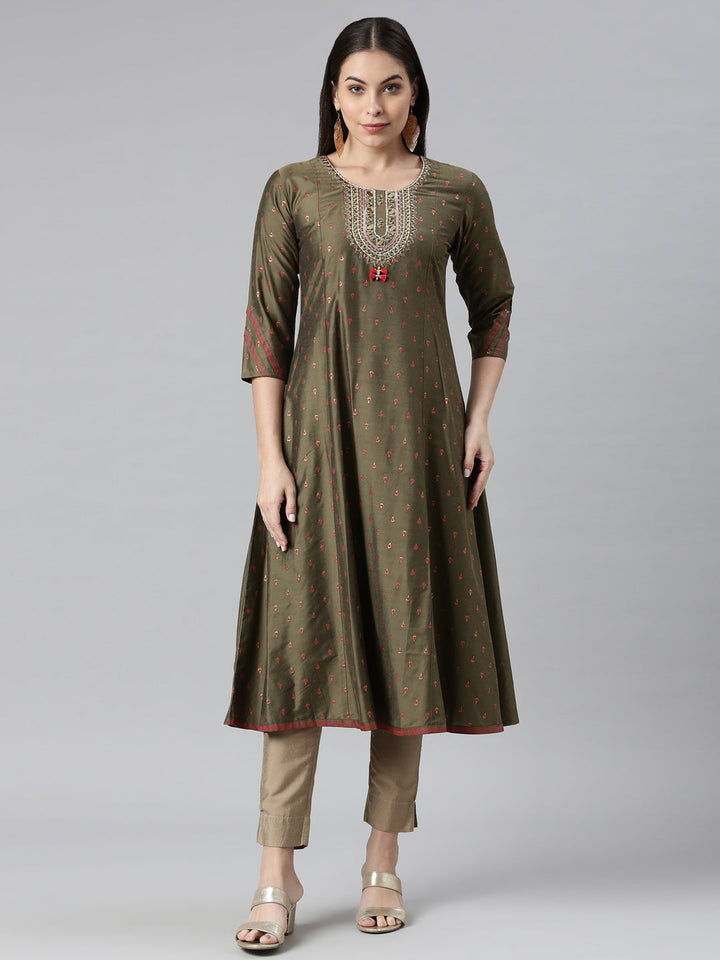 Neerus Green silk solid kurti - front view