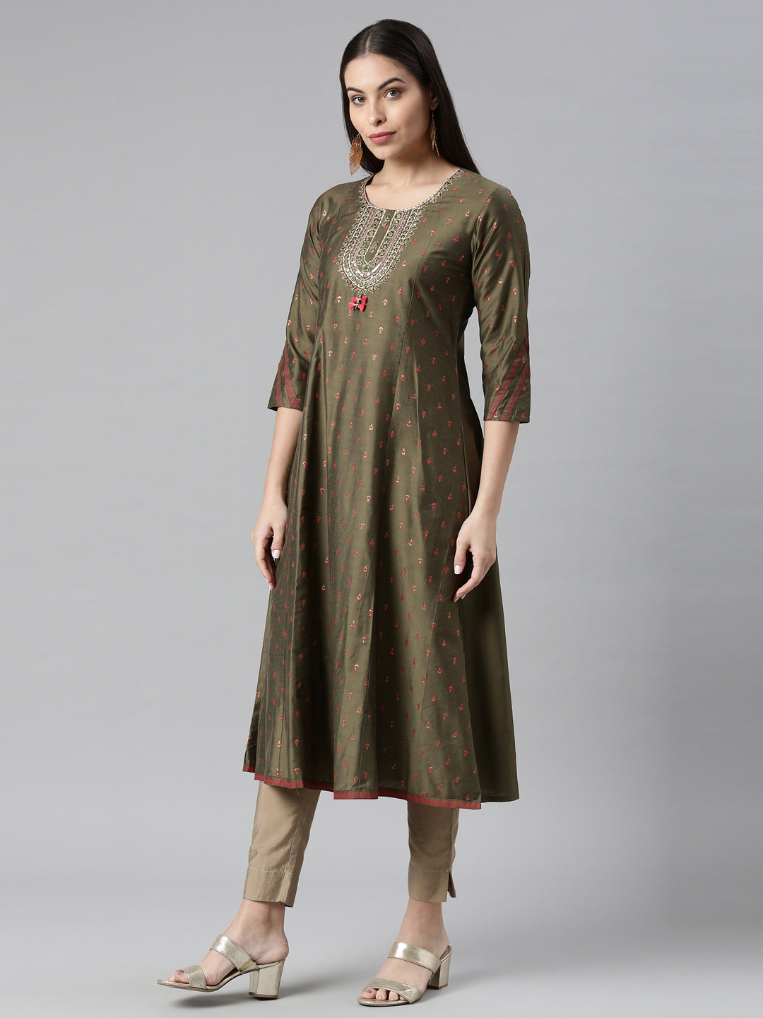 Neerus Green silk solid kurti - back view