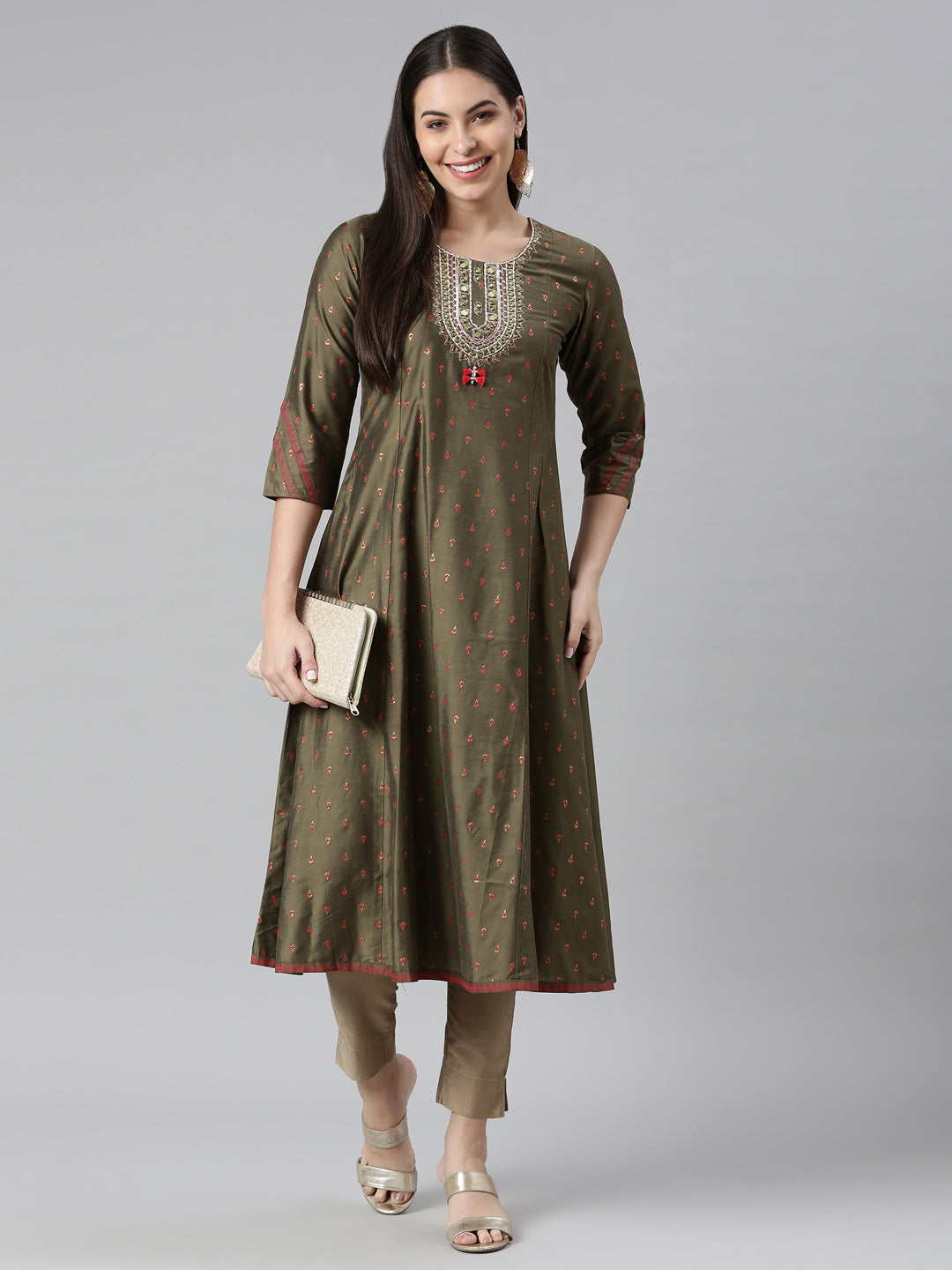 Neerus Green silk solid kurti - detail view 2