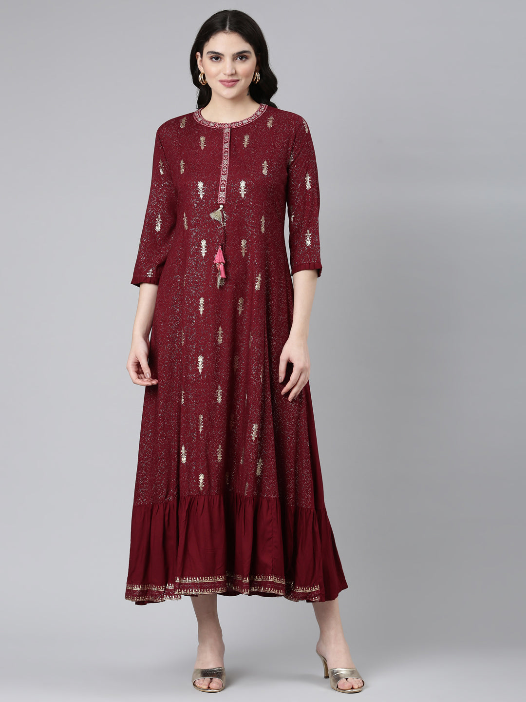 Neerus Maroon printed anarkali kurta - front view