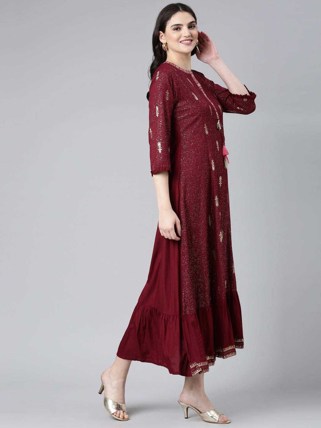 Neerus Maroon printed anarkali kurta - back view