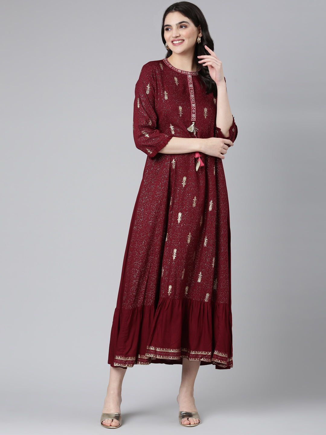 Neerus Maroon printed anarkali kurta - detail view 2