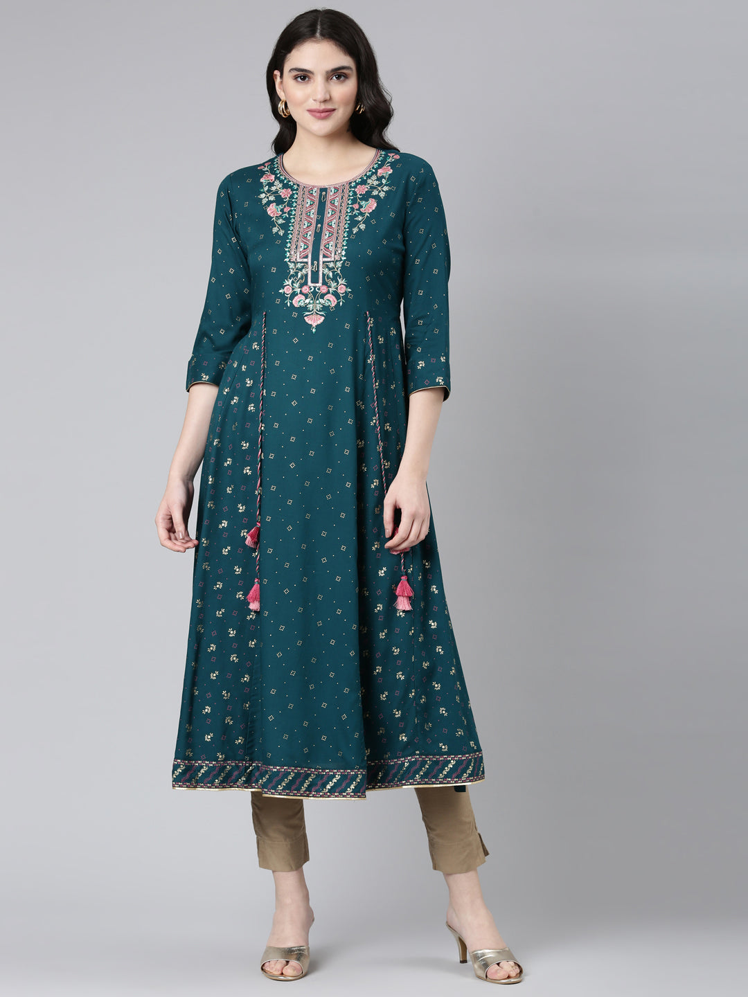 Neerus Green embroidered anarkali kurti - front view